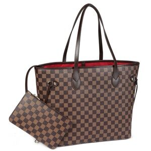 Checkered Brown Tote Bag and Pouch LIKE NEW